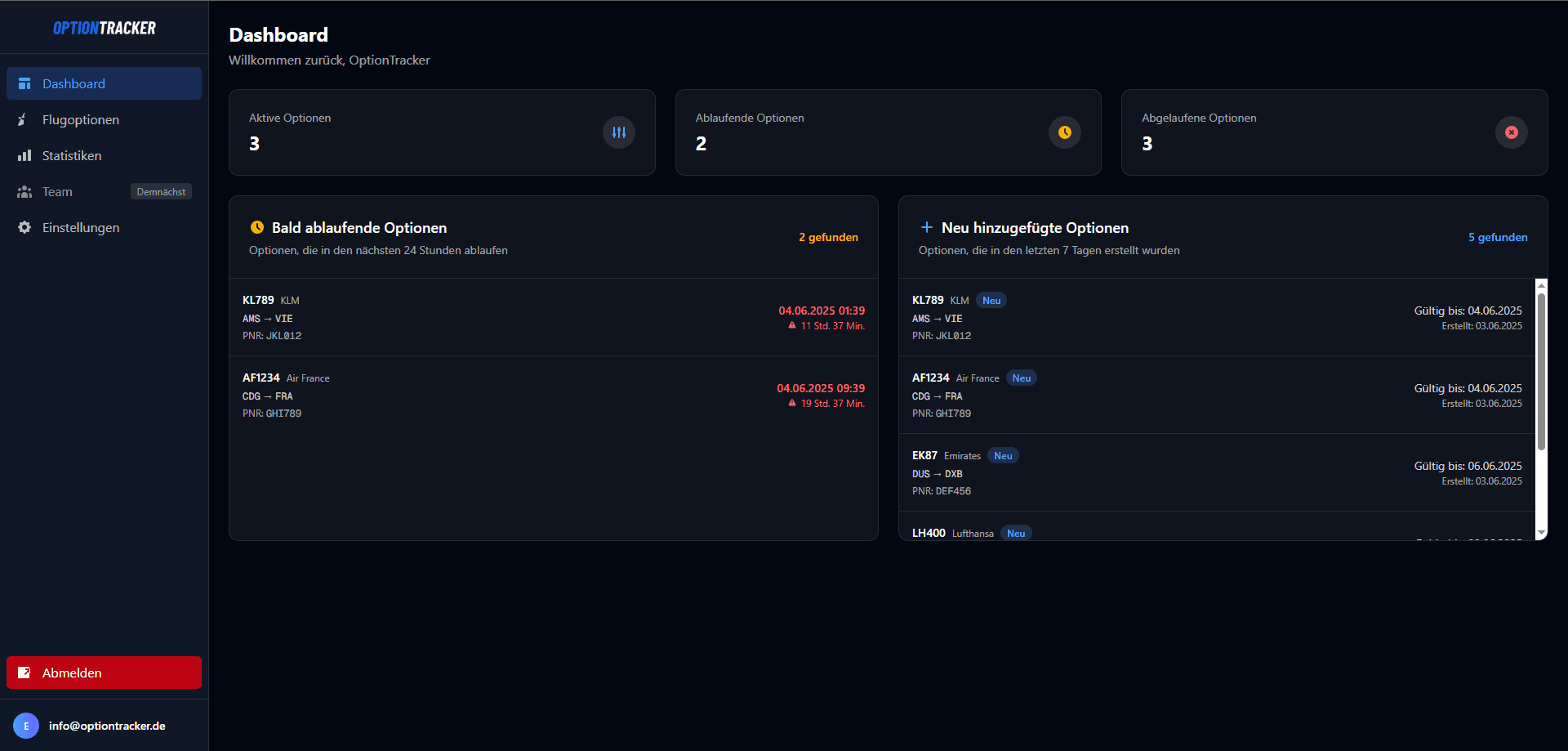 OptionTracker Dashboard mit Übersicht über Flugoptionen, Statistiken und kritische Benachrichtigungen