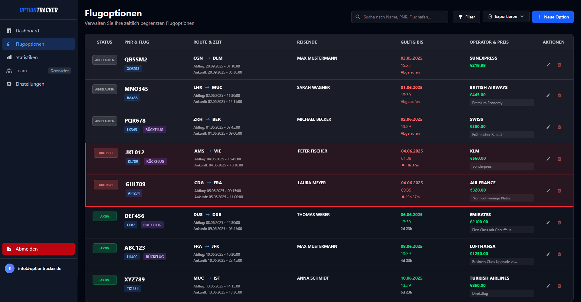 Detaillierte Flugoptionen-Tabelle mit Status-Anzeigen, Timern und Filteroptionen